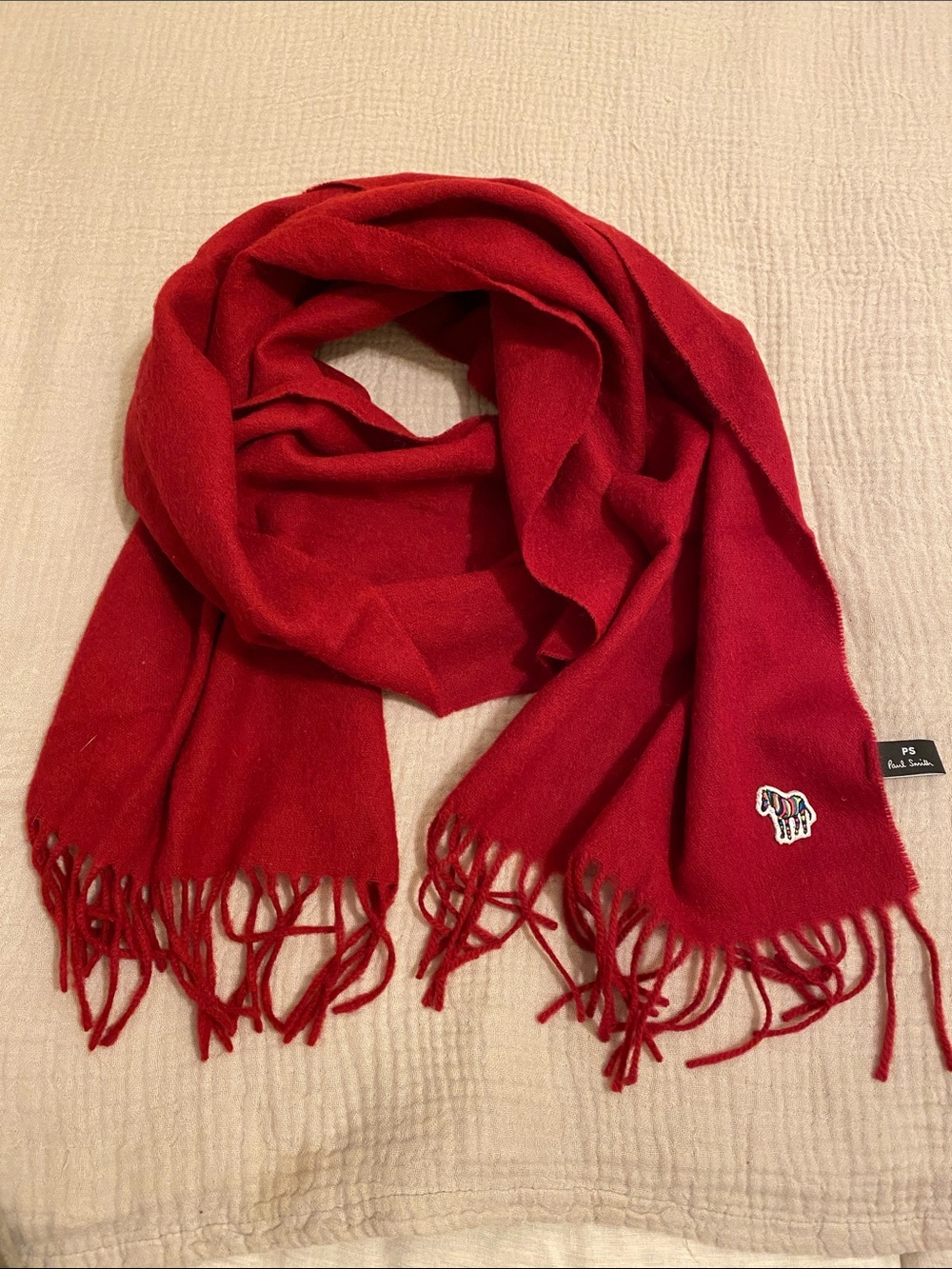PS Paul Smith Bright Red Wool Fringe Scarf with Zebra Motif